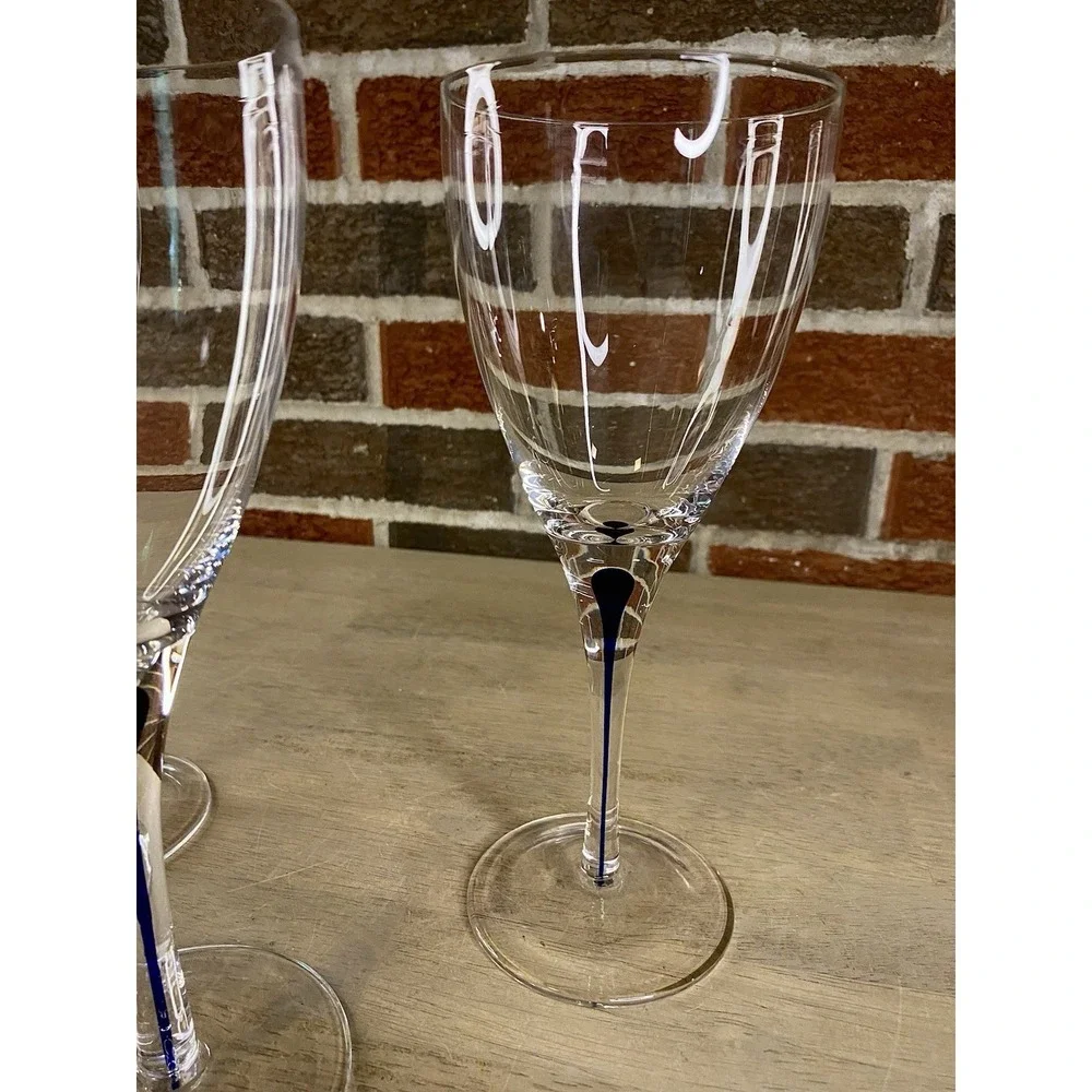 3 PIER 1 Hand-Blown Clear Water Wine Glasses Blue Tear Drop Stem Accent 8 5/8